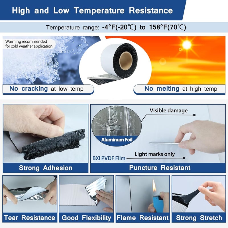 BXI Fluorocarbon Film Asphalt Waterproof Tape, 12 Inches X 32 Feet, Weatherproof Sealing Membrane, Self-Adhesive SBS Modified Bitumen Flashing Sealant Patch, Seam Leak for Roof Window Driveway Repair - Image 4
